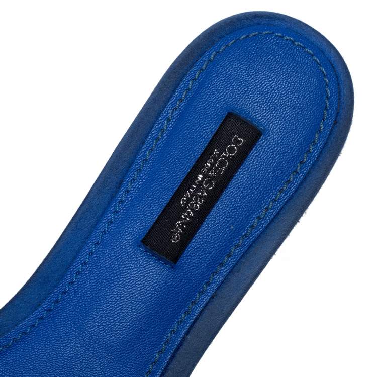 Pre Owned Dolce & Gabbana Blue Lace Crystal Embellished Flat Slides Size 37.5