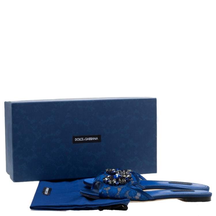 Pre Owned Dolce & Gabbana Blue Lace Crystal Embellished Flat Slides Size 37.5