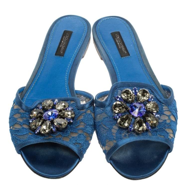 Pre Owned Dolce & Gabbana Blue Lace Crystal Embellished Flat Slides Size 37.5