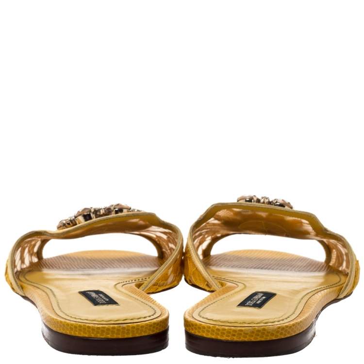 Pre Owned Dolce & Gabbana Yellow Lace Jeweled Embellishment Flat Slides Size 38