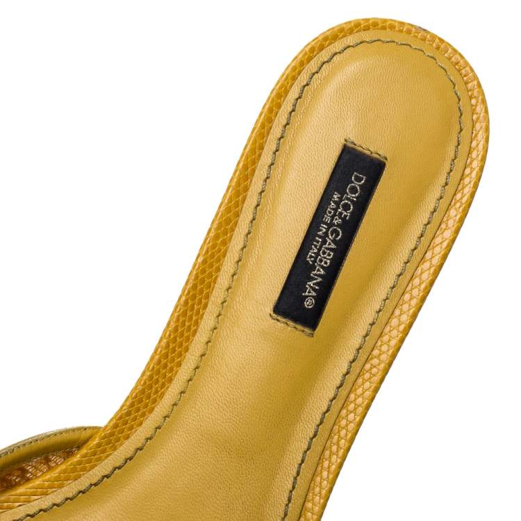 Pre Owned Dolce & Gabbana Yellow Lace Jeweled Embellishment Flat Slides Size 38