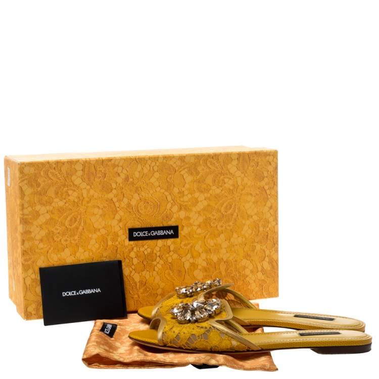 Pre Owned Dolce & Gabbana Yellow Lace Jeweled Embellishment Flat Slides Size 38