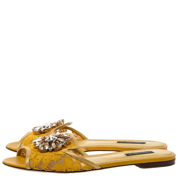Pre Owned Dolce & Gabbana Yellow Lace Jeweled Embellishment Flat Slides Size 38