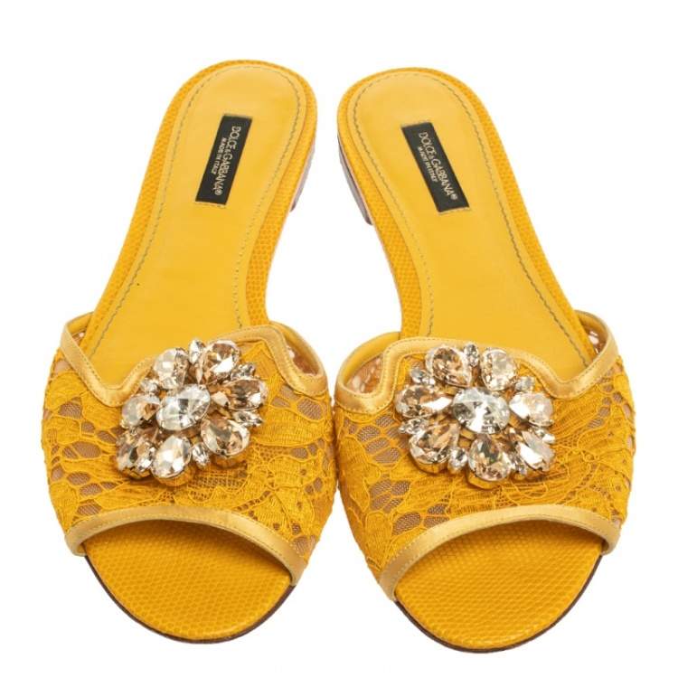 Pre Owned Dolce & Gabbana Yellow Lace Jeweled Embellishment Flat Slides Size 38