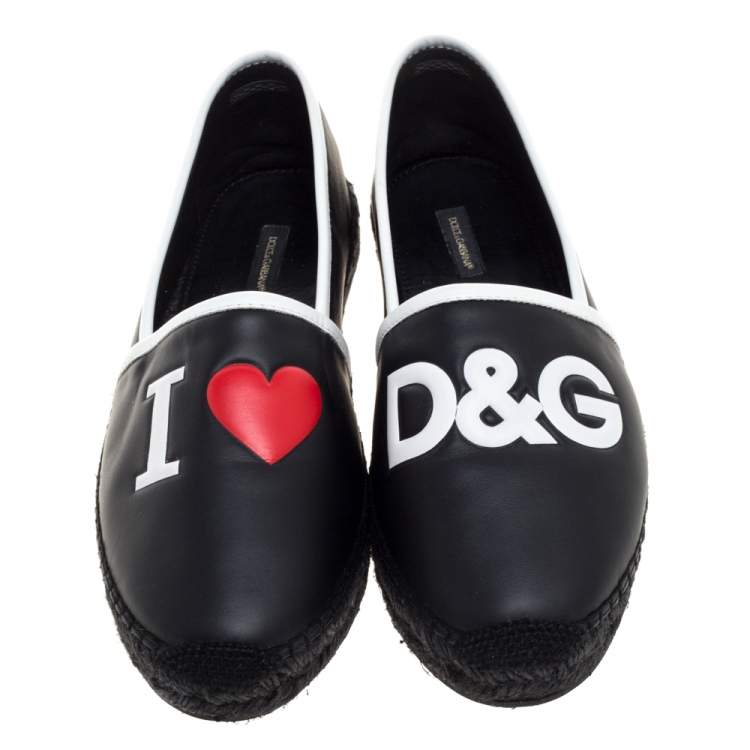 Pre Owned Dolce & Gabbana Black/White Leather Logo Embossed Slip On Espadrille Size 40