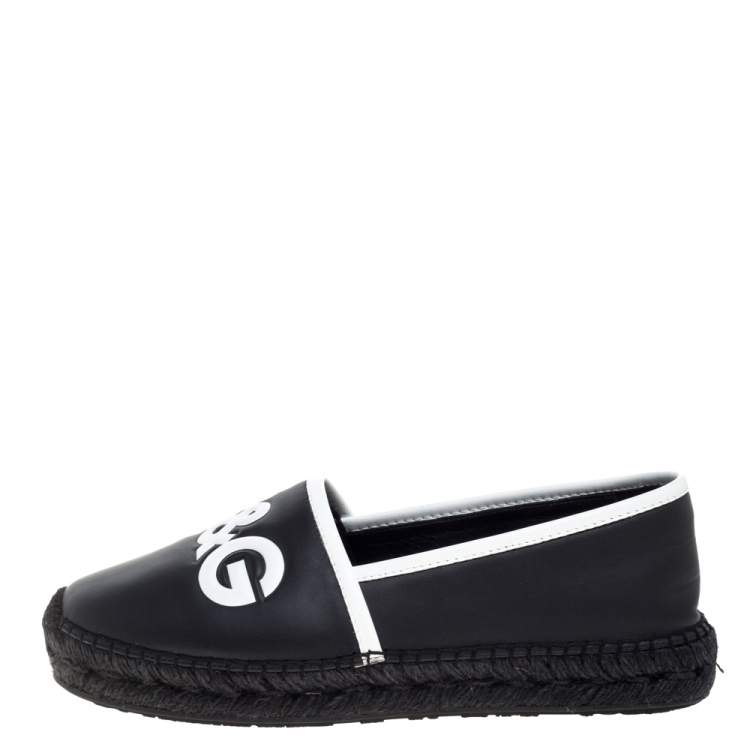 Pre Owned Dolce & Gabbana Black/White Leather Logo Embossed Slip On Espadrille Size 40