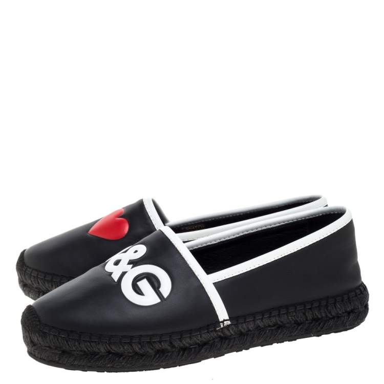 Pre Owned Dolce & Gabbana Black/White Leather Logo Embossed Slip On Espadrille Size 40