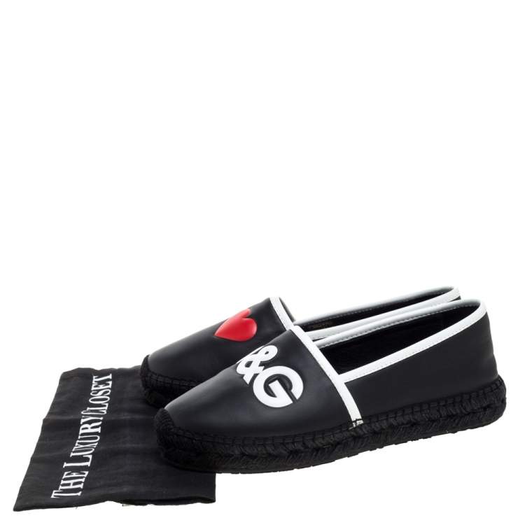 Pre Owned Dolce & Gabbana Black/White Leather Logo Embossed Slip On Espadrille Size 40