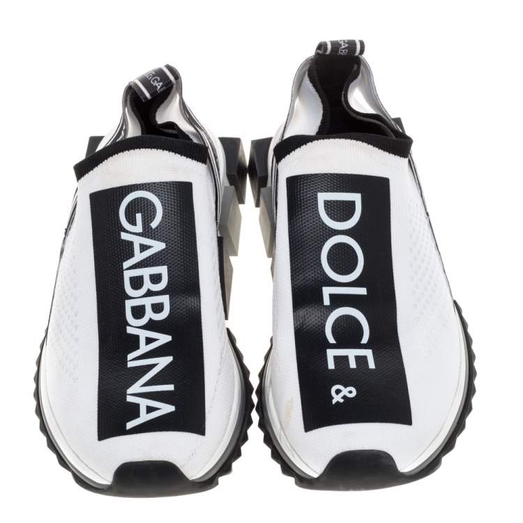 Pre Owned Dolce & Gabbana White/Black Stretch Fabric Logo Sorrento Slip On Sneakers Size 38.5