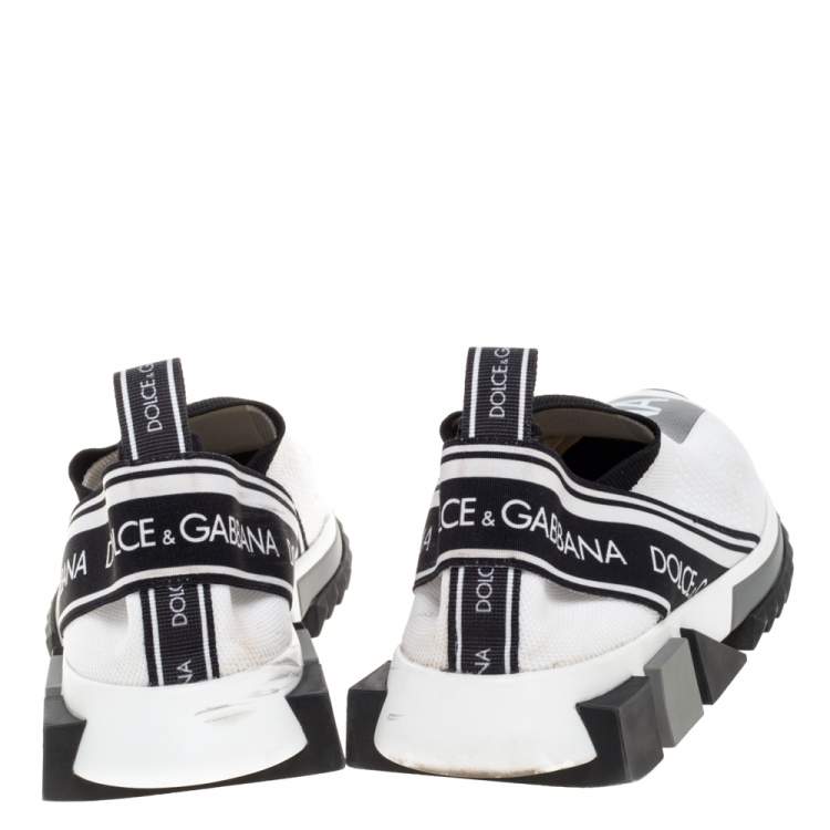 Pre Owned Dolce & Gabbana White/Black Stretch Fabric Logo Sorrento Slip On Sneakers Size 38.5