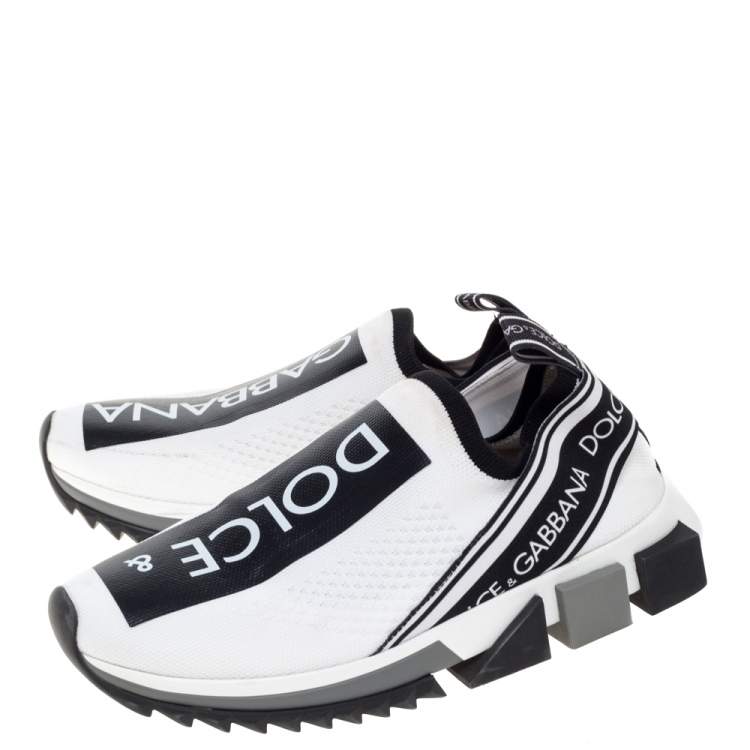Pre Owned Dolce & Gabbana White/Black Stretch Fabric Logo Sorrento Slip On Sneakers Size 38.5