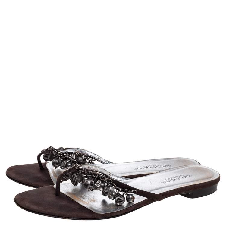Pre Owned Dolce & Gabbana Brown Nubuck Embellished Flat Thong Sandals Size 41