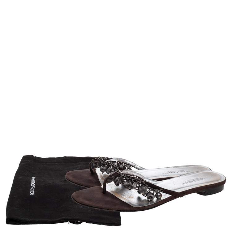 Pre Owned Dolce & Gabbana Brown Nubuck Embellished Flat Thong Sandals Size 41