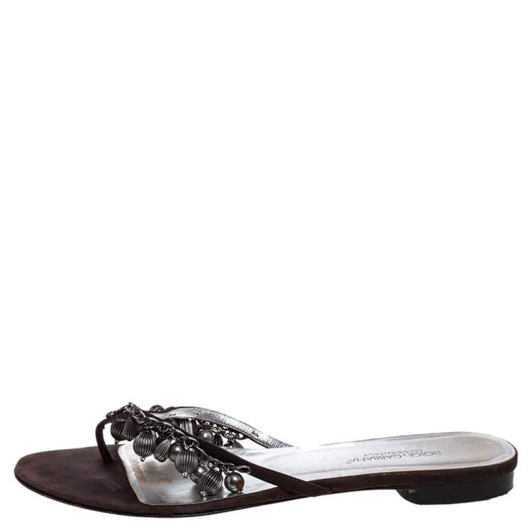 Pre Owned Dolce & Gabbana Brown Nubuck Embellished Flat Thong Sandals Size 41