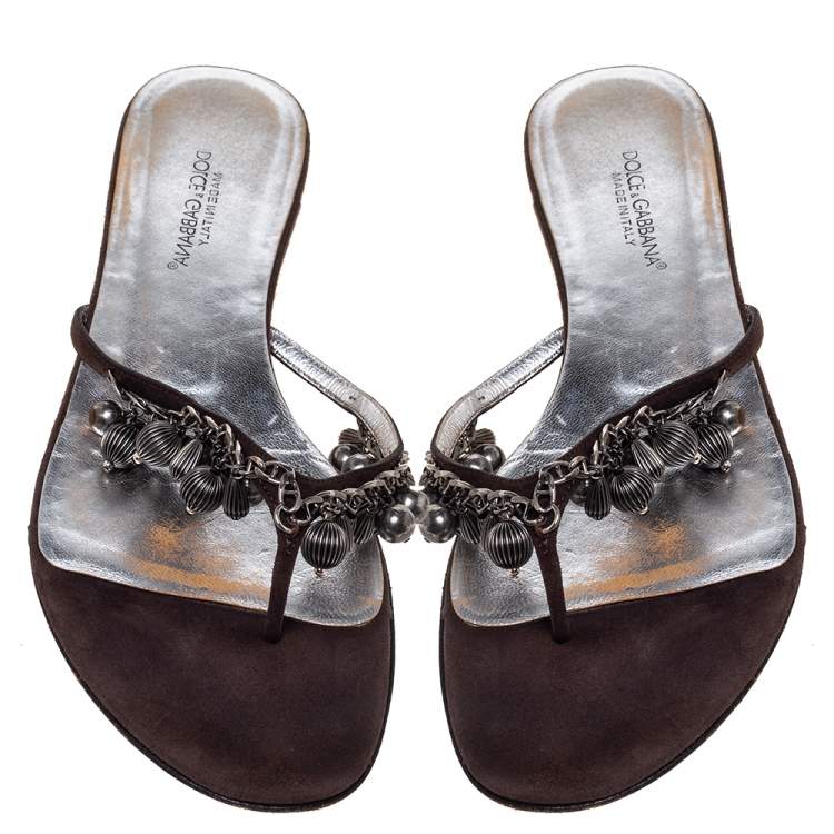 Pre Owned Dolce & Gabbana Brown Nubuck Embellished Flat Thong Sandals Size 41