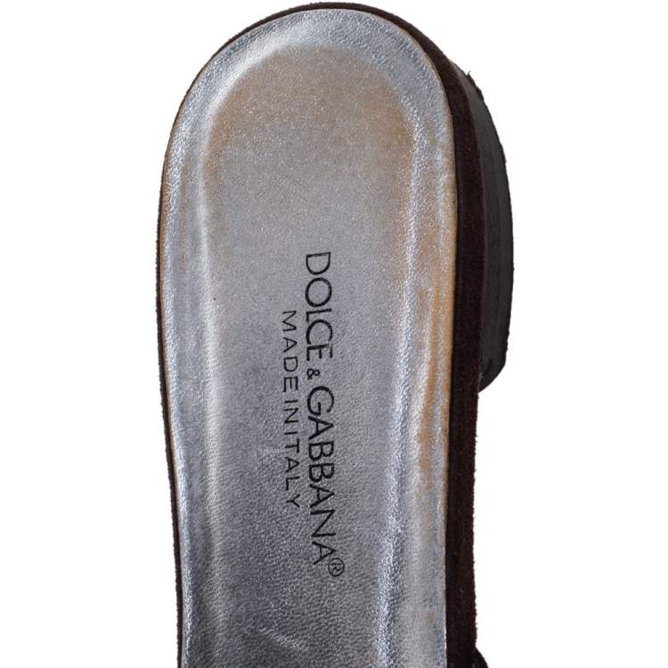 Pre Owned Dolce & Gabbana Brown Nubuck Embellished Flat Thong Sandals Size 41