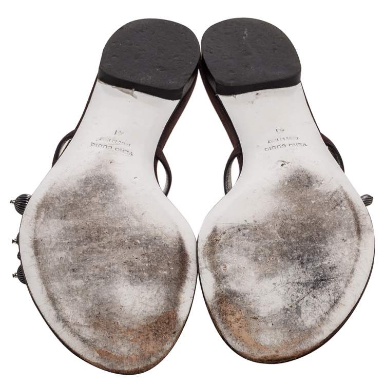 Pre Owned Dolce & Gabbana Brown Nubuck Embellished Flat Thong Sandals Size 41
