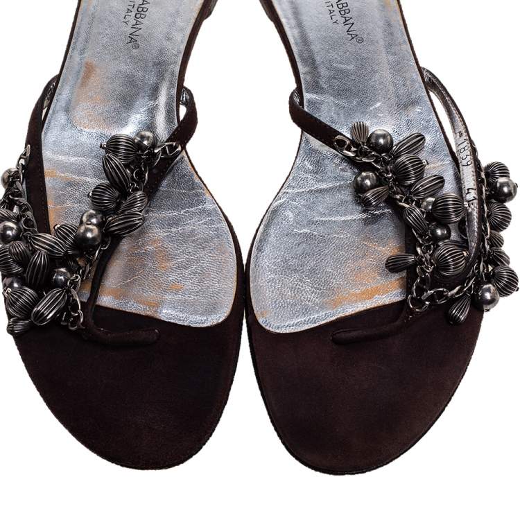 Pre Owned Dolce & Gabbana Brown Nubuck Embellished Flat Thong Sandals Size 41