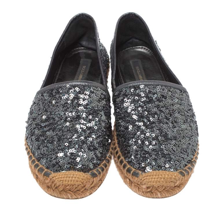 Pre Owned Dolce & Gabbana Metallic Grey Sequin Espadrille Flats Size 36
