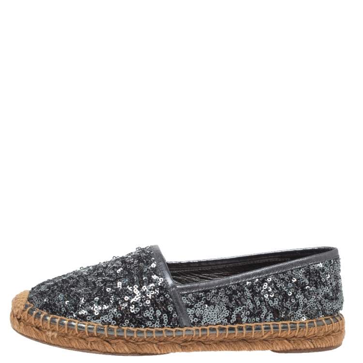 Pre Owned Dolce & Gabbana Metallic Grey Sequin Espadrille Flats Size 36