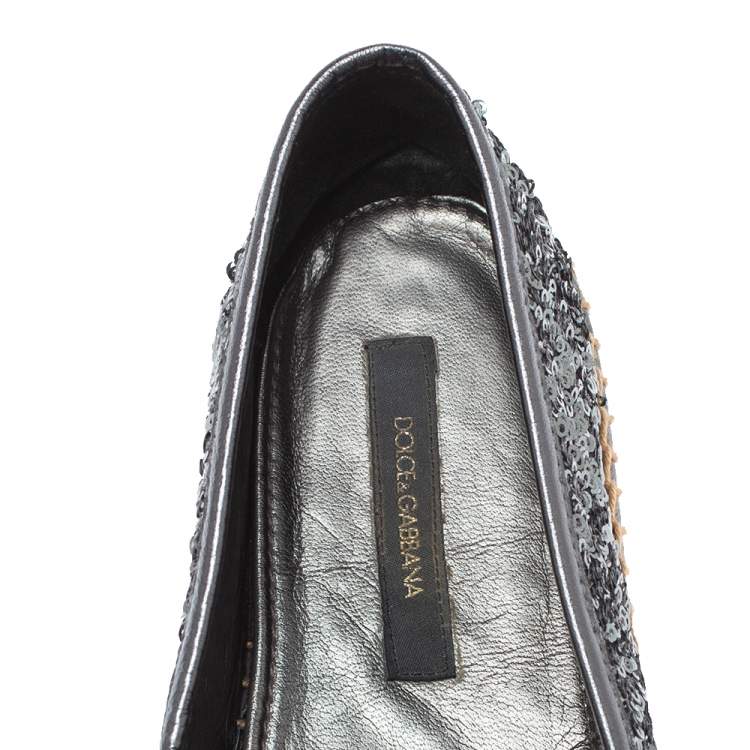 Pre Owned Dolce & Gabbana Metallic Grey Sequin Espadrille Flats Size 36