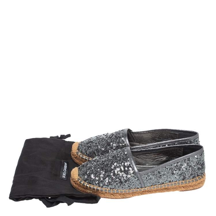 Pre Owned Dolce & Gabbana Metallic Grey Sequin Espadrille Flats Size 36