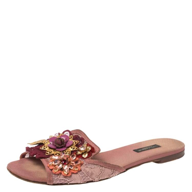 Dolce & Gabbana Pink Lace Sofia Crystal Embellished Flat Slide Sandals Size  38 Dolce & Gabbana | TLC