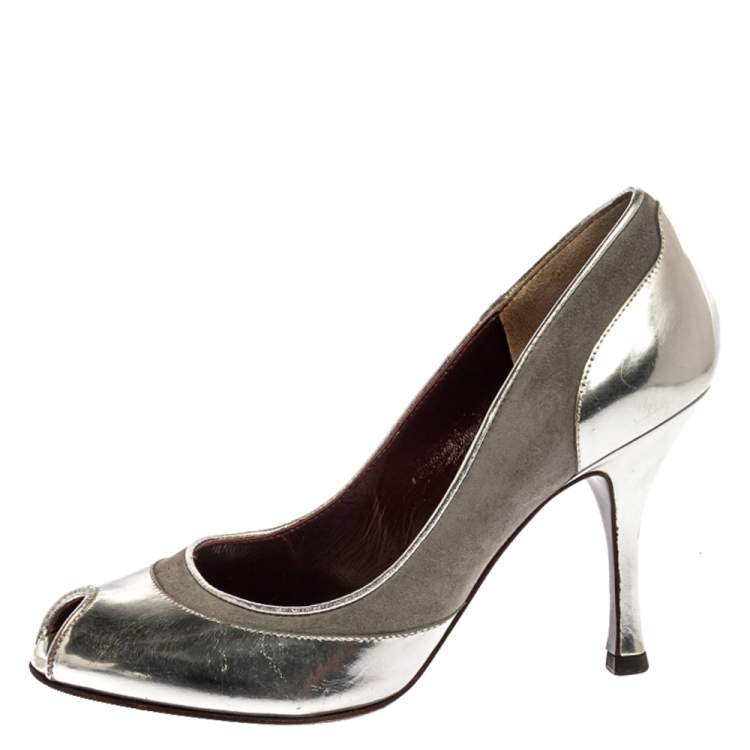 Pre Owned Dolce & Gabbana Silver Leather Peep Toe Pumps Size 35