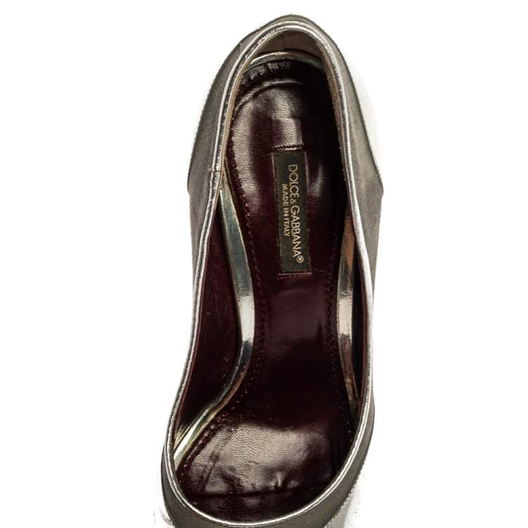 Pre Owned Dolce & Gabbana Silver Leather Peep Toe Pumps Size 35
