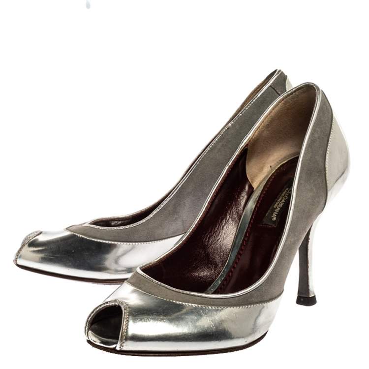 Pre Owned Dolce & Gabbana Silver Leather Peep Toe Pumps Size 35