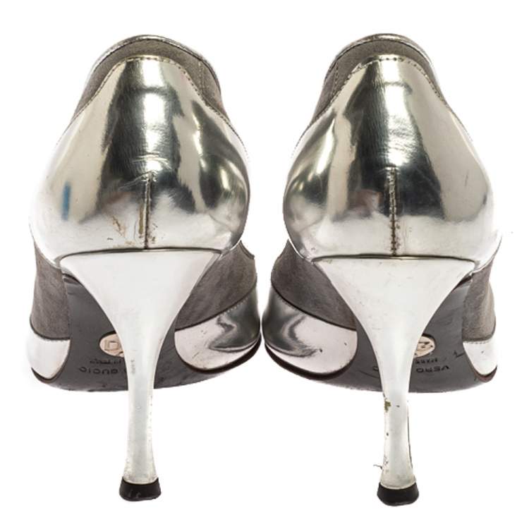 Pre Owned Dolce & Gabbana Silver Leather Peep Toe Pumps Size 35