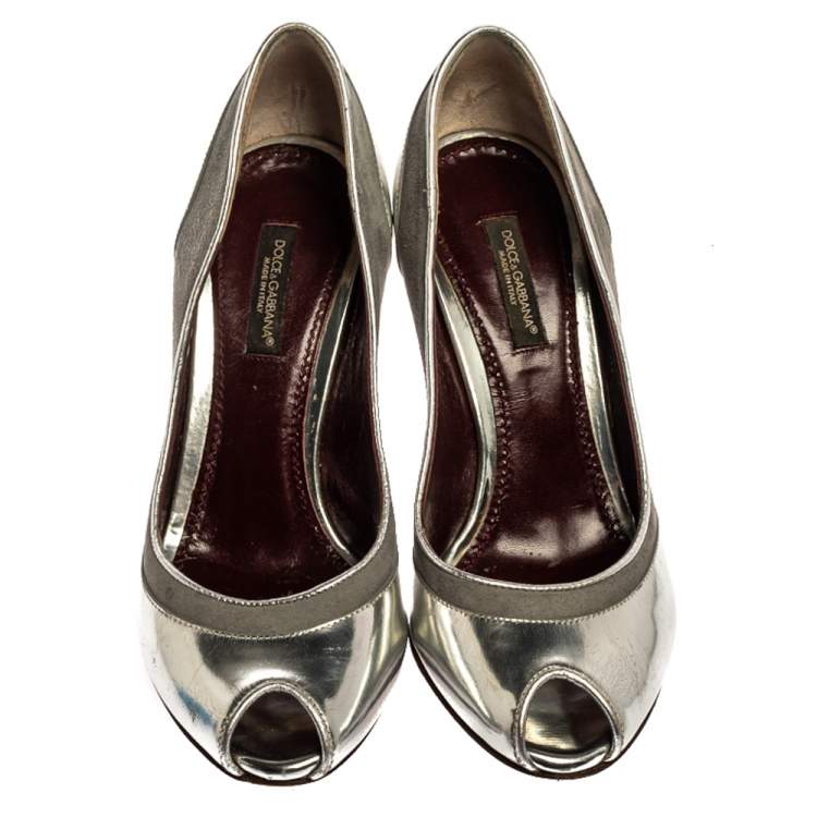 Pre Owned Dolce & Gabbana Silver Leather Peep Toe Pumps Size 35
