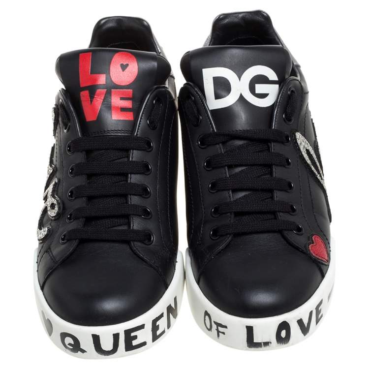 Pre Owned Dolce & Gabbana Black Leather Portofino Love Patch Low Top Sneakers Size 38