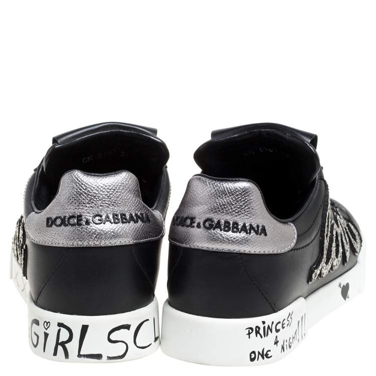 Pre Owned Dolce & Gabbana Black Leather Portofino Love Patch Low Top Sneakers Size 38