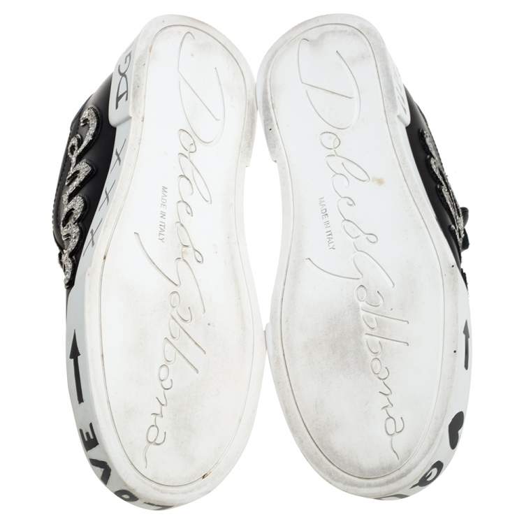 Pre Owned Dolce & Gabbana Black Leather Portofino Love Patch Low Top Sneakers Size 38