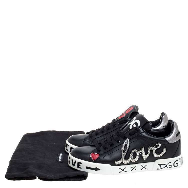 Pre Owned Dolce & Gabbana Black Leather Portofino Love Patch Low Top Sneakers Size 38