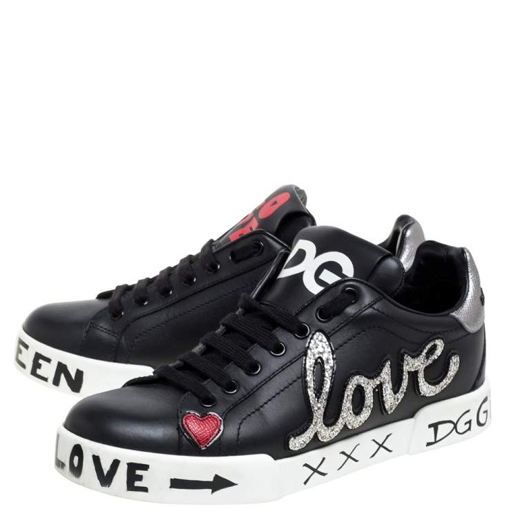 Pre Owned Dolce & Gabbana Black Leather Portofino Love Patch Low Top Sneakers Size 38