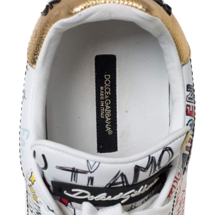 Pre Owned Dolce & Gabbana White Leather Portofino Graffiti Print Low Top Sneakers Size 37.5