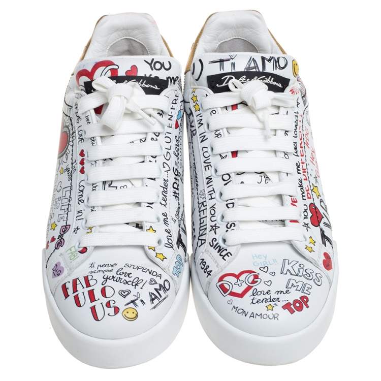 Pre Owned Dolce & Gabbana White Leather Portofino Graffiti Print Low Top Sneakers Size 37.5