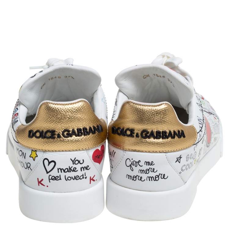 Pre Owned Dolce & Gabbana White Leather Portofino Graffiti Print Low Top Sneakers Size 37.5
