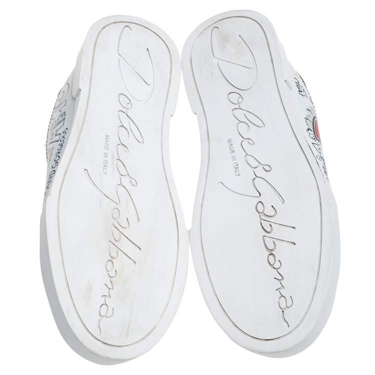 Pre Owned Dolce & Gabbana White Leather Portofino Graffiti Print Low Top Sneakers Size 37.5