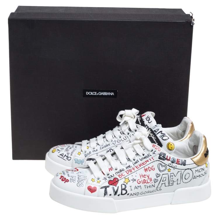 Pre Owned Dolce & Gabbana White Leather Portofino Graffiti Print Low Top Sneakers Size 37.5