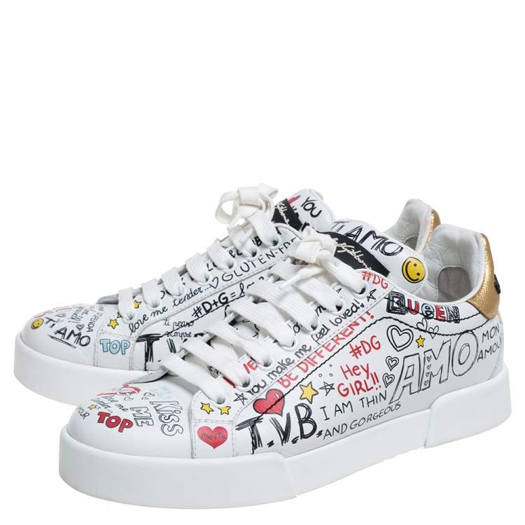 Pre Owned Dolce & Gabbana White Leather Portofino Graffiti Print Low Top Sneakers Size 37.5