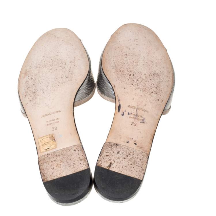 Pre Owned Dolce & Gabbana  Sliver Lizard Embossed Leather Sofia Flat Slides Size 39