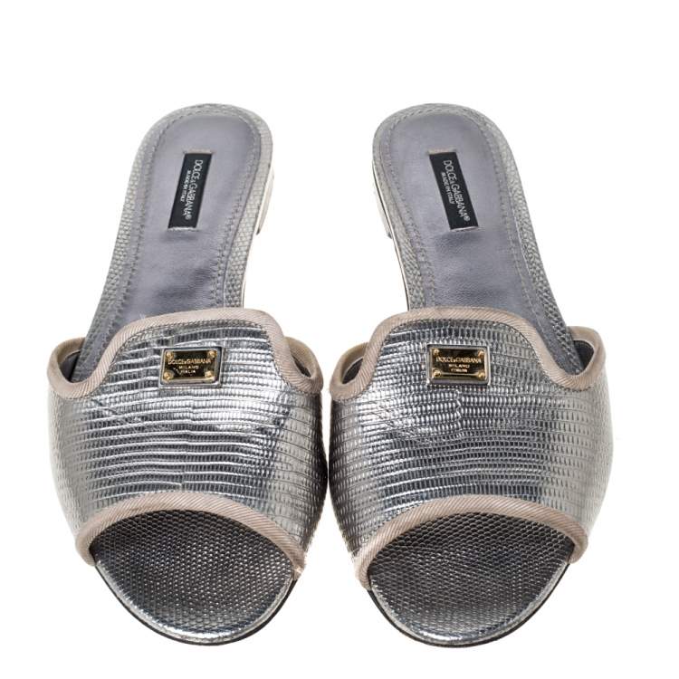 Pre Owned Dolce & Gabbana  Sliver Lizard Embossed Leather Sofia Flat Slides Size 39