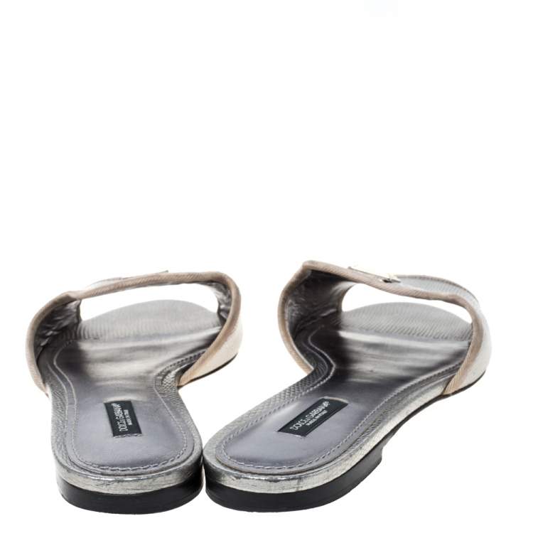 Pre Owned Dolce & Gabbana  Sliver Lizard Embossed Leather Sofia Flat Slides Size 39