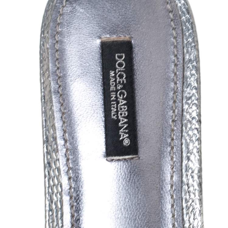 Pre Owned Dolce & Gabbana  Sliver Lizard Embossed Leather Sofia Flat Slides Size 39