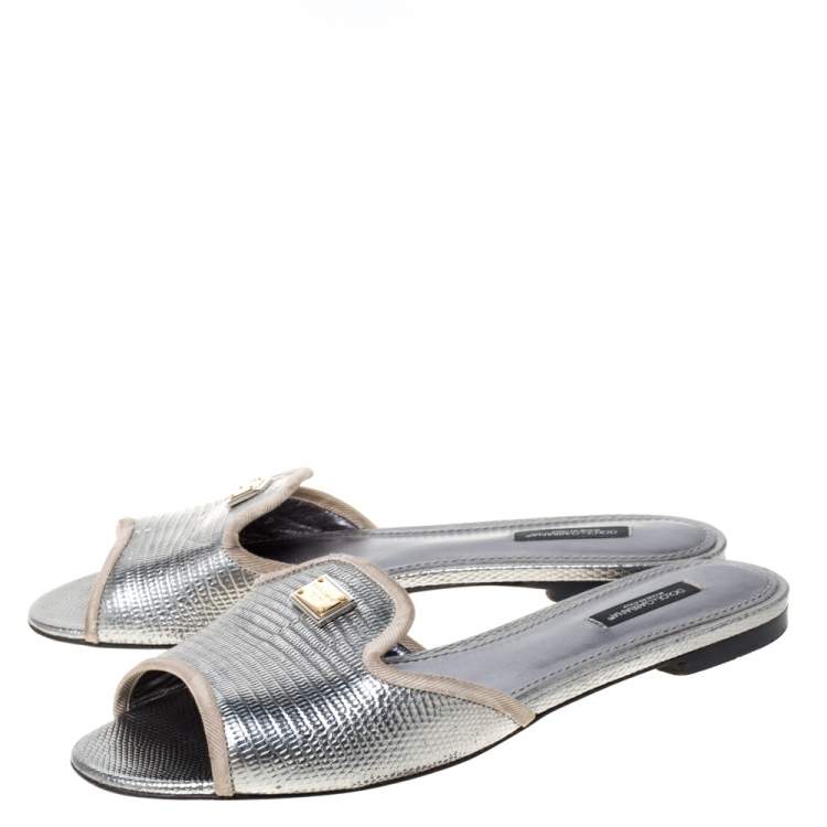 Pre Owned Dolce & Gabbana  Sliver Lizard Embossed Leather Sofia Flat Slides Size 39