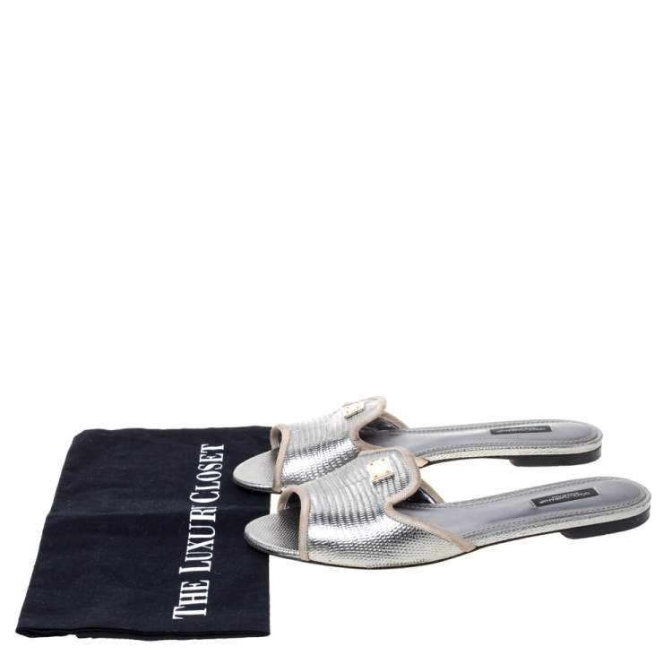 Pre Owned Dolce & Gabbana  Sliver Lizard Embossed Leather Sofia Flat Slides Size 39