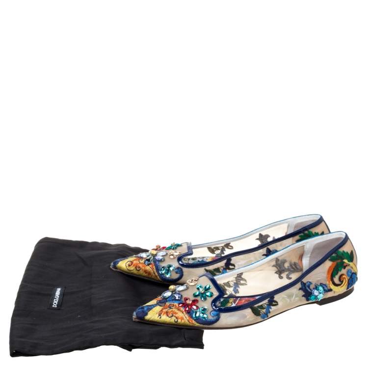 Pre Owned Dolce & Gabbana Multicolor Embroidered Mesh and Patent Leather Trim Mojolica Jewel Embellished Pointed Toe Ballet Flat Size 41
